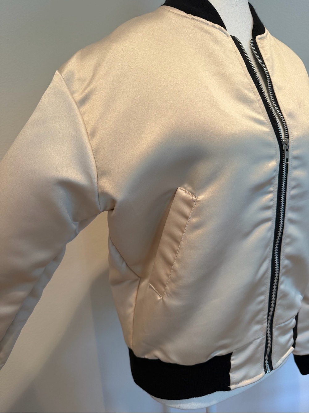 Urban Renewal Cream Satin Embroidered Crane Bomber Jacket with Orange Accents - Picture 3 of 5